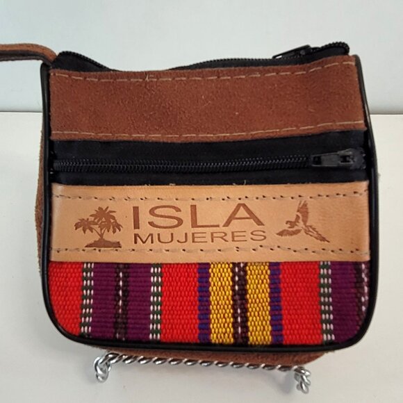ISLA Mujeres Woven Coin Pouch Wallet – Leather & Textile Zip Case – Mexico - Picture 1 of 4